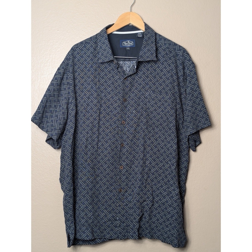 Nat Nast Silk Cotton Shirt XXL‎ Blue Pattern Button Up Resort Casual